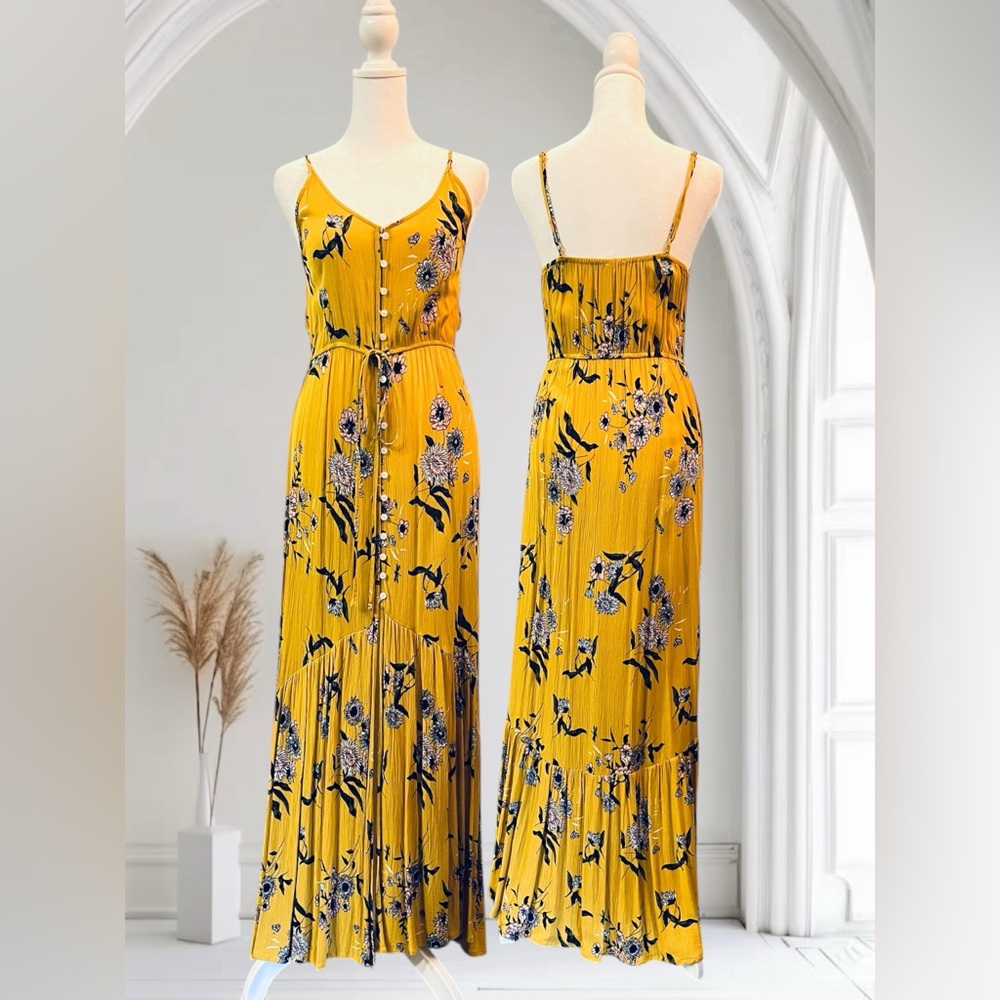 Yellow Floral Maxi Dress with Button Front and Spaghetti Straps -Boho 🌻🌼